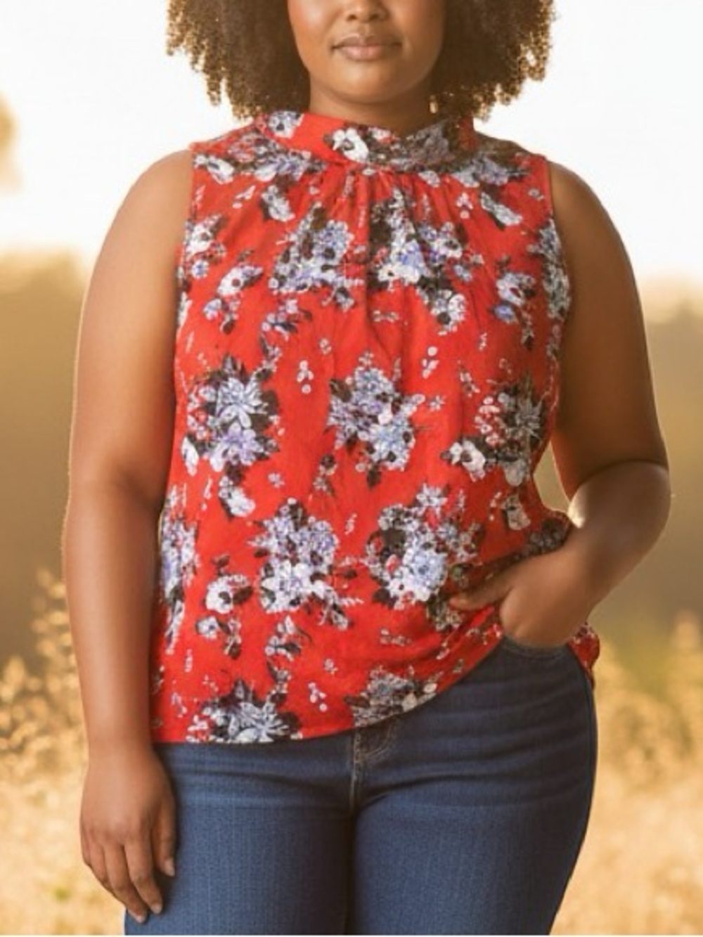 ModCloth High Neckline Tank Top Blouse Red Blue Floral Mod Retro Modest XL